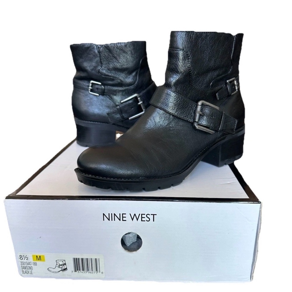Nine West Dawsono Black Leather Moto Biker Ankle Boots Buckle Strap Women 8.5